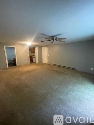 A room with a ceiling fan and a light fixture.