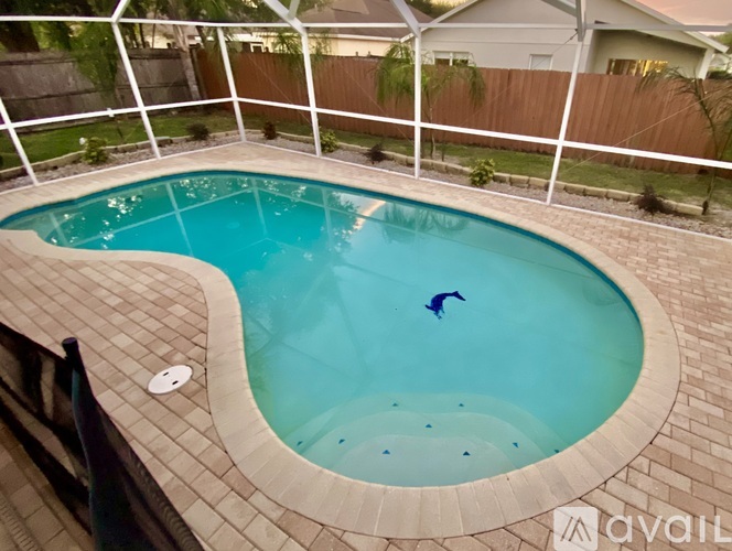 A small pool with a diving board and a fence surrounding it.