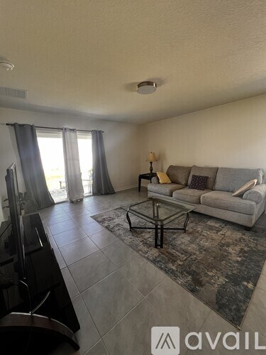 A living room with a grey couch and a black television.