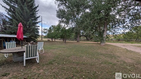 A patio with a table and chairs is surrounded by trees.