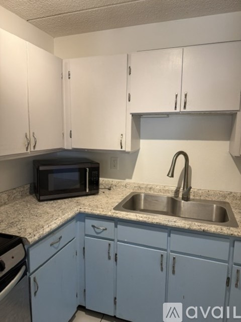A kitchen with a sink, microwave, and cabinets.