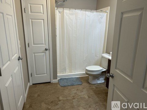 A bathroom with a toilet, a shower curtain, and a rug.