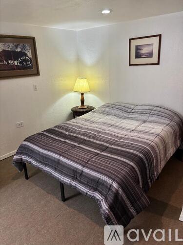 A bed with a striped comforter is in a room with a lamp on a side table.