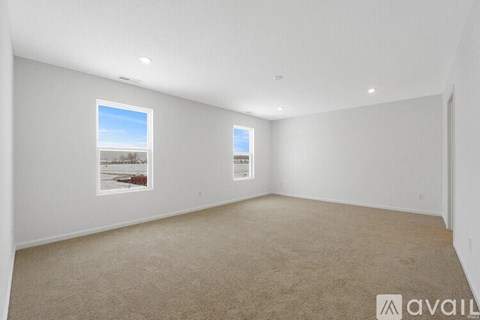 A spacious room with beige carpeting and two windows.