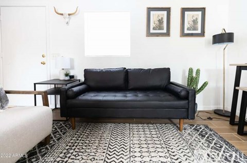 A black leather sofa sits in a living room with a rug and two pictures on the wall.