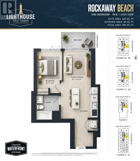 A floor plan for a one bedroom apartment at Rockaway Beach.
