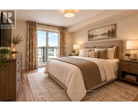 A bedroom with a large bed and a view of a building outside the window.