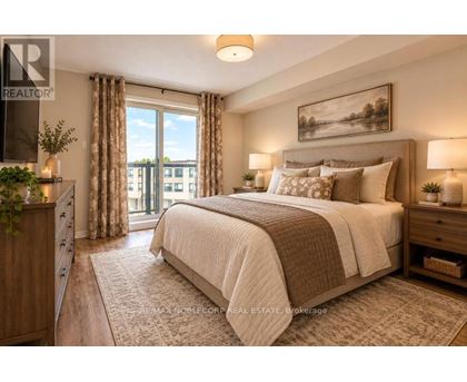 A bedroom with a large bed and a view of a building outside the window.