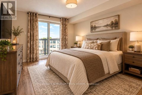 A bedroom with a large bed and a view of a building outside the window.