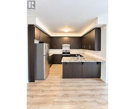 A modern kitchen with dark wood cabinets and a marble countertop.