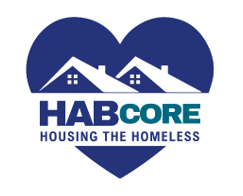 A logo for HABCORE, which stands for Housing The Homeless, features a heart shape with a house icon in the center.