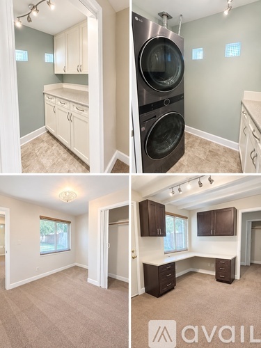 A series of images showing a kitchen and living room with a washer and dryer in the kitchen.