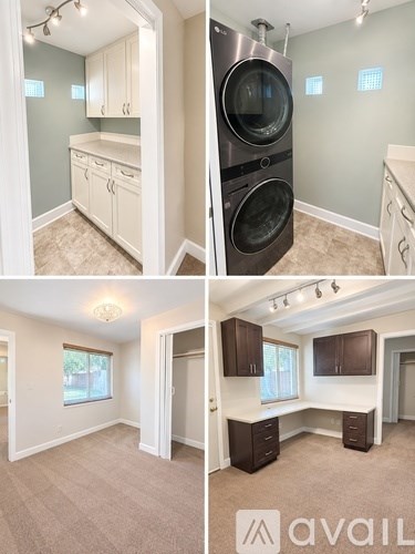 A series of images showing a kitchen and living room with a washer and dryer in the kitchen.