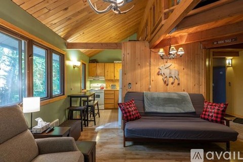 A living room with a grey couch and a wooden ceiling.