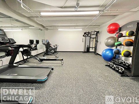 A gym with treadmills, exercise balls, and weight racks.