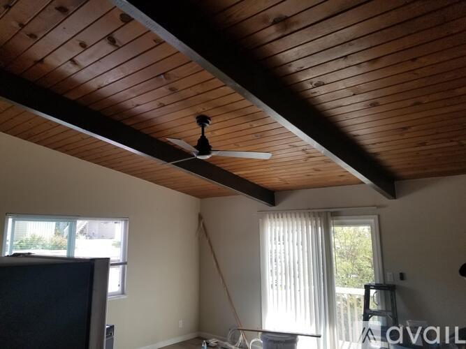 A room with a ceiling fan and a window.