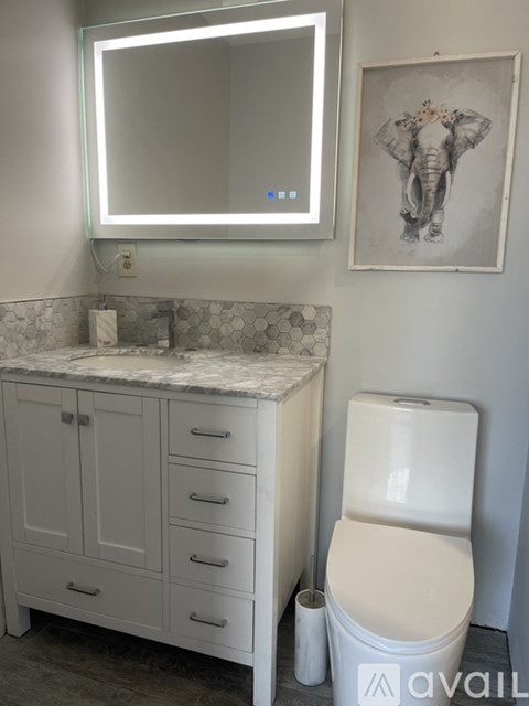 A bathroom with a toilet, sink, and a framed elephant picture.