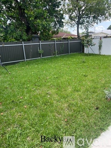 A backyard with a fence and green grass.