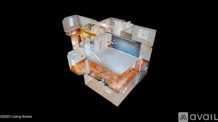 A 3D rendered image of a house interior.