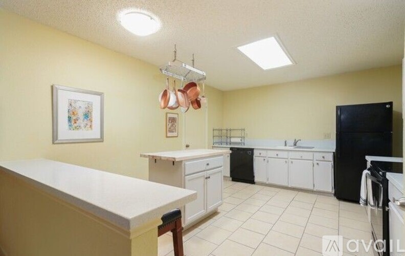 A kitchen with a white counter and black appliances.