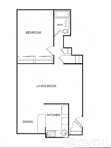 A floor plan of a small apartment with a bedroom, living room, kitchen, and dining area.