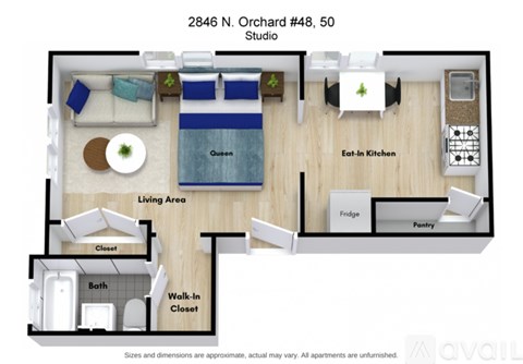 A floor plan of an apartment at 2846 N. Orchard #48, 50 Studio.