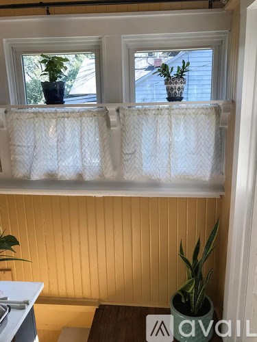 A window with a white curtain and two potted plants on the windowsill.