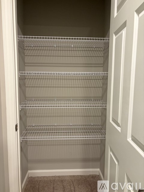 Empty wire shelving in a white closet.