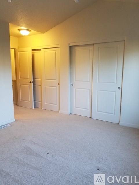 A room with two doors and a carpeted floor.