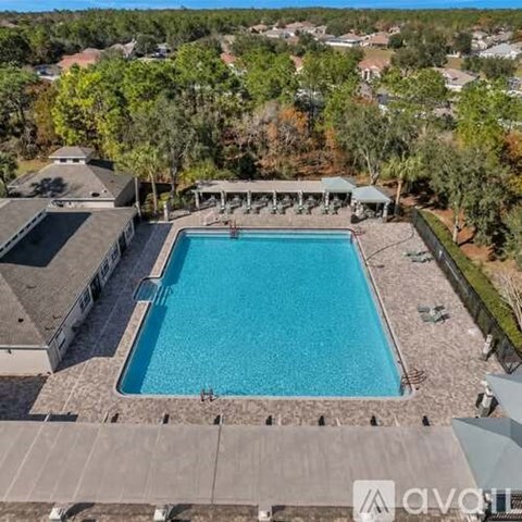A large swimming pool surrounded by a concrete patio and a house with a roof.