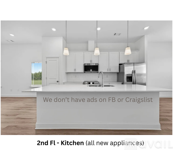 A modern kitchen with white cabinets and appliances, with a note stating there are no ads on FB or Craigslist.