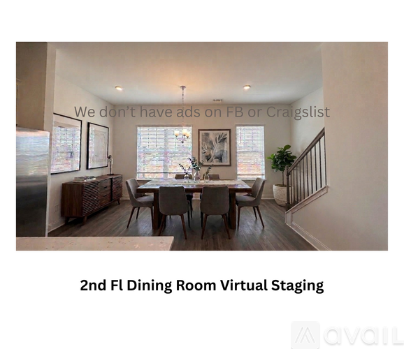 A dining room with a table set for six and a chandelier hanging from the ceiling.