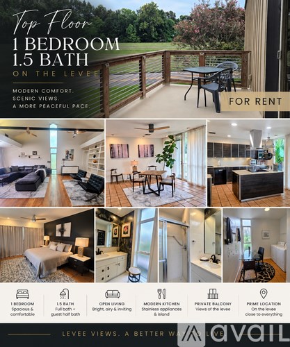 A flyer for a top floor apartment with one bedroom and 1.5 bath on the level.