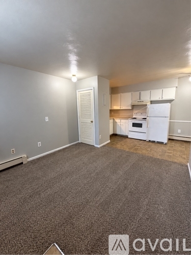 A carpeted room with a white refrigerator in the background.