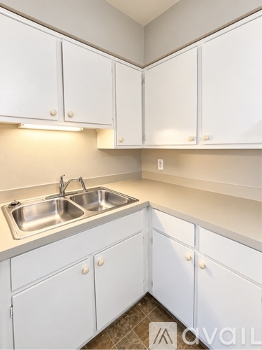 A kitchen with white cabinets and a double sink.