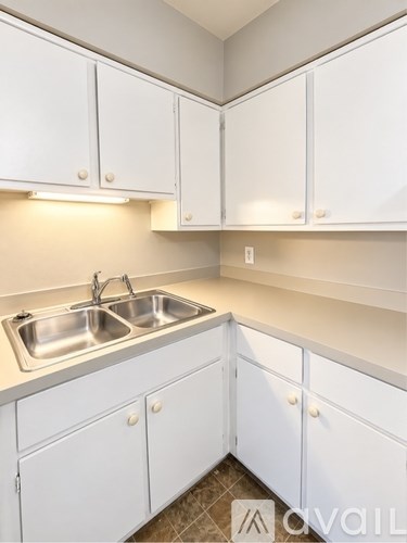 A kitchen with white cabinets and a double sink.