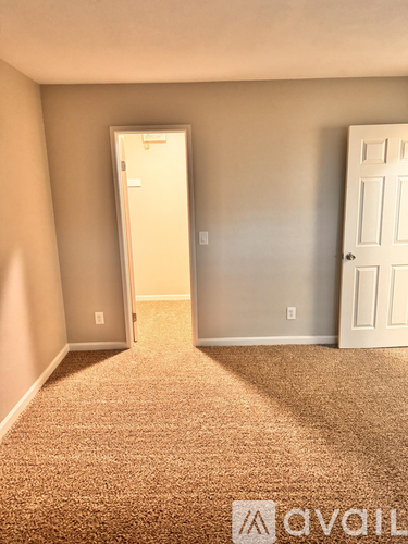A room with a carpeted floor and two doors, one of which is open.