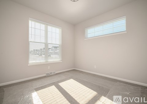 A room with a carpeted floor and two windows.