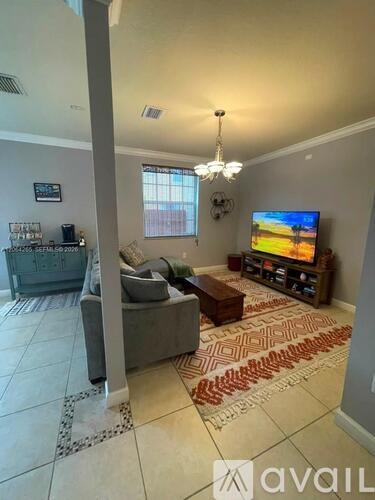 A living room with a grey couch and a television.