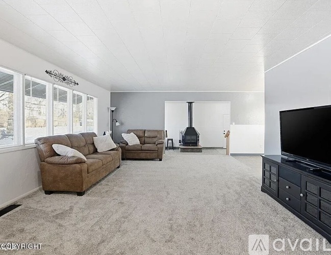 A living room with a couch, a chair, a television, and a fireplace.