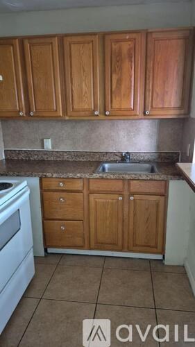 A kitchen with wooden cabinets and a white dishwasher.