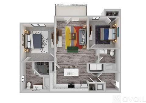 A 3D floor plan of a house with a kitchen, living room, and bedrooms.