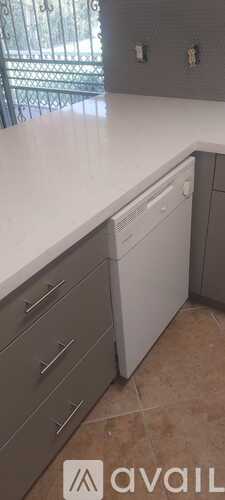 A kitchen with a white countertop and a dishwasher.