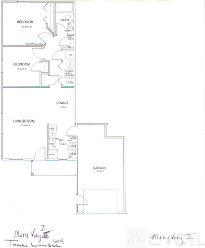 A floor plan of a house with labeled rooms such as Bedroom, Bath, Dining, Living room, Kitchen, and Garage.