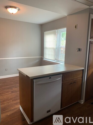 A kitchen with a white dishwasher and wooden cabinets.