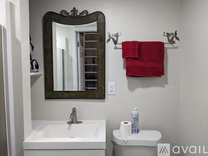 A bathroom with a white sink and a mirror.