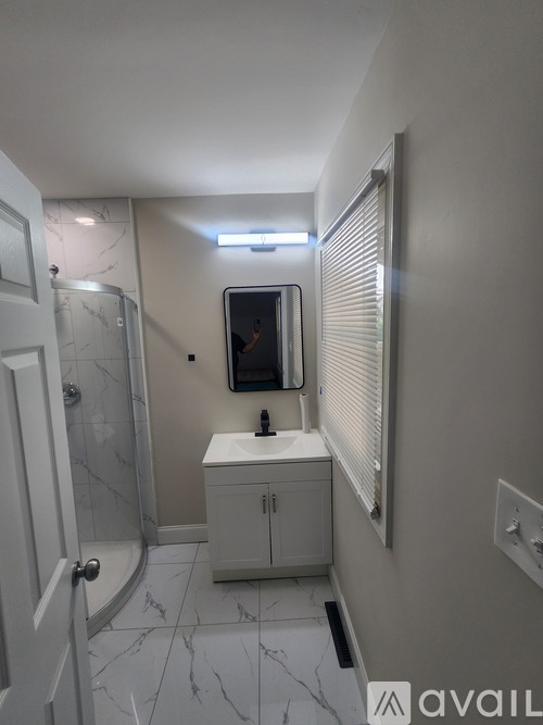 A bathroom with a sink, mirror, and shower.