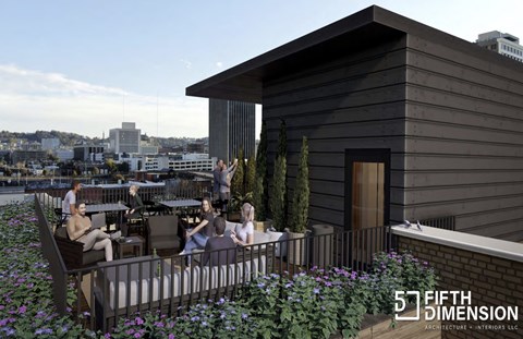 A rendering of a patio with people sitting and a building in the background.