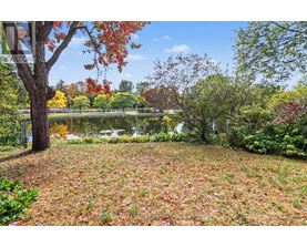 A park with a lake and trees with autumn leaves.