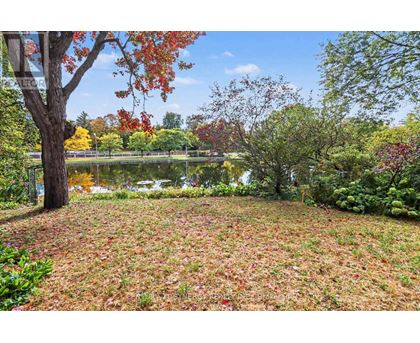 A park with a lake and trees with autumn leaves.